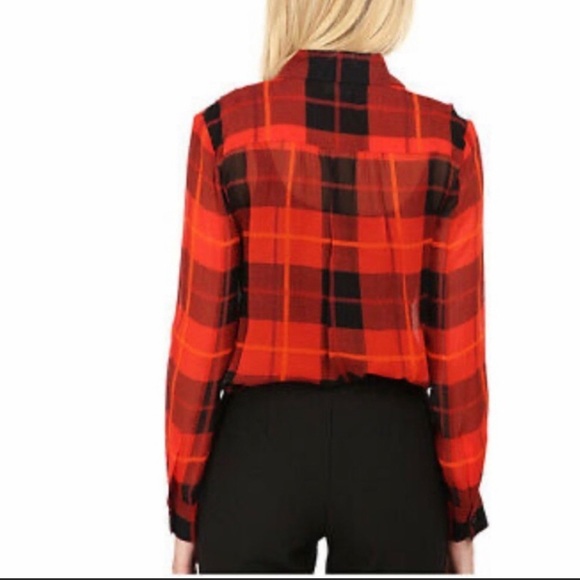 KATE SPADE Women's Red Plaid Ruffle Long Sleeve Silk Blouse Size 4 - Picture 3 of 15
